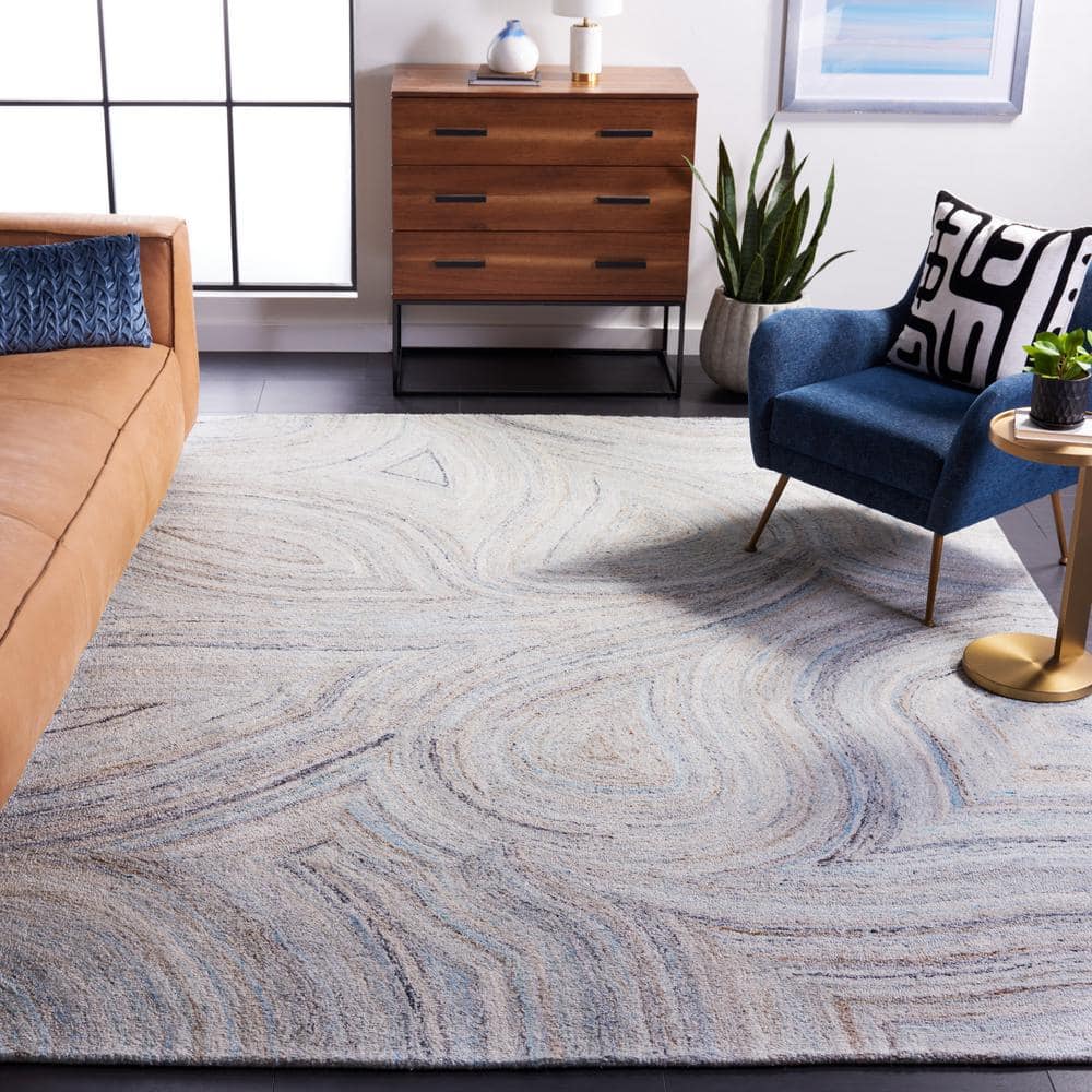 Handmade Blue and Beige Wool Blend Abstract Rug, 6' x 9'
