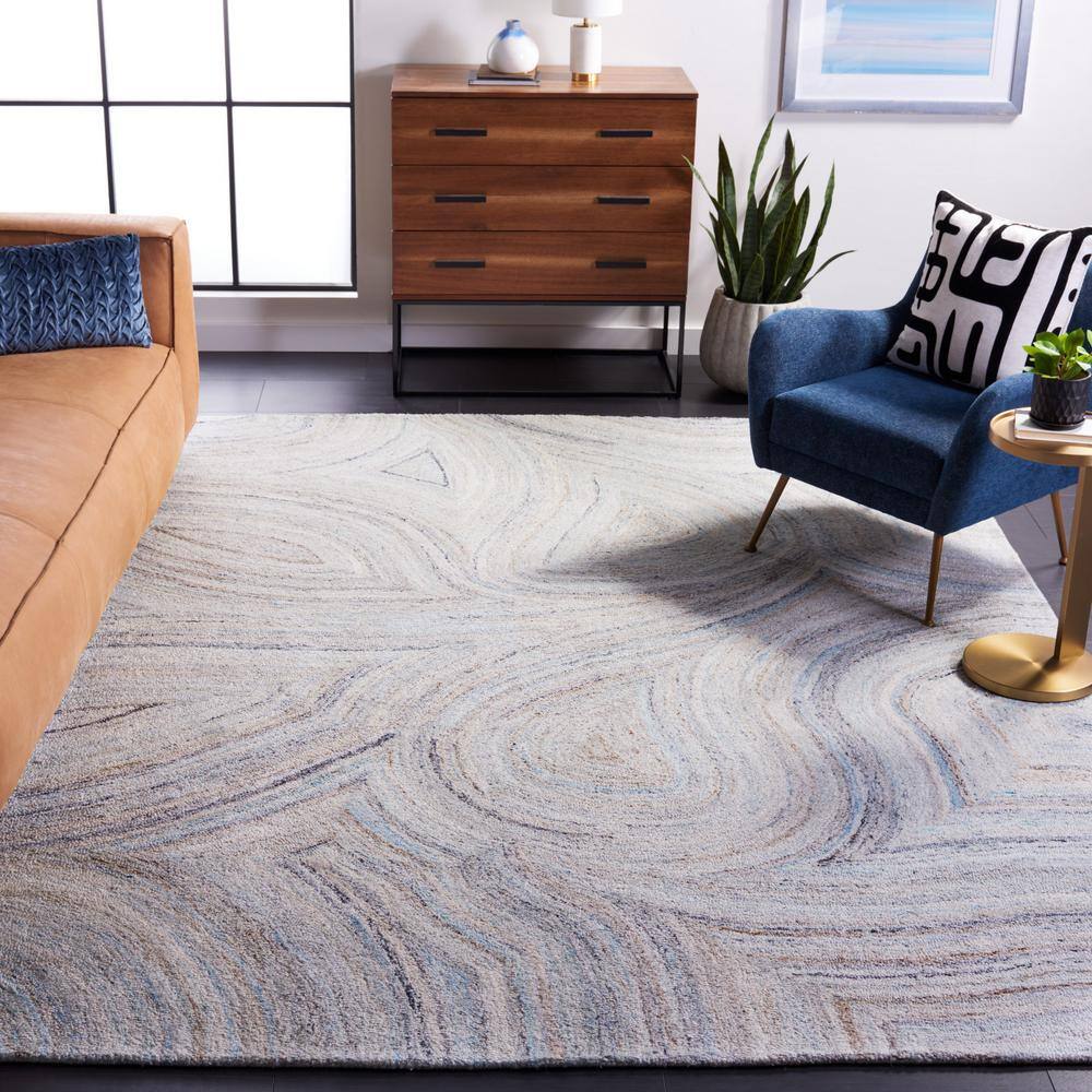 Blue and Beige Abstract 8' x 10' Hand-Tufted Wool Area Rug