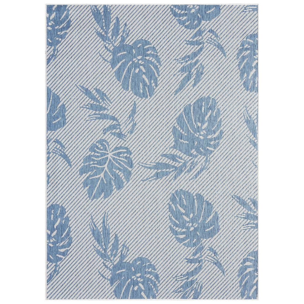 Palm Leaf Blue and Silver Synthetic Indoor/Outdoor Area Rug
