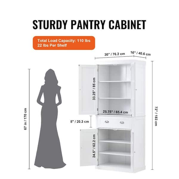 72 in. Kitchen Pantry Storage Cabinet, Freestanding Utility Cabinet with Doors, Tall Food Buffet for Kitchen, White