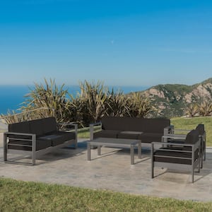Cape Coral Grey 5-Piece Aluminum Patio Conversation Set with Dark Grey Cushions
