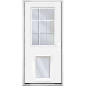 32 in. x 80 in. Reliant Series Clear 9-Lite LHIS White Primed Fiberglass Prehung Back Door with Extra Large Pet Door