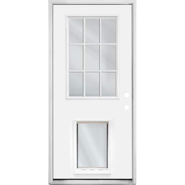 Steves & Sons 32 in. x 80 in. Reliant Series Clear 9-Lite LHIS White Primed Fiberglass Prehung Back Door with Extra Large Pet Door