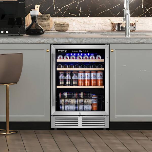 TITTLA 23.47 in. Single Zone 150-Cans Beverage Cooler in Silver Garage Ready Childproof Lock Reversible Door Hinge Blue LEDs