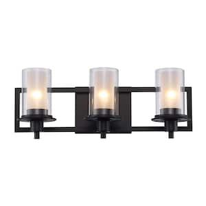 22 in. 3-Light Black Bathroom Vanity Light Fixture with Frosted Inner Glass and Clear Outer Glass