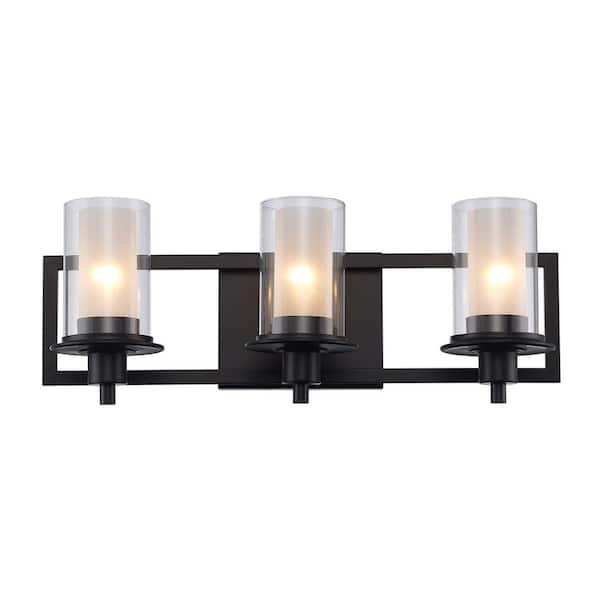 Brighton 22 in. 3-Light Black Bathroom Vanity Light Fixture with Frosted Inner Glass and Clear Outer Glass