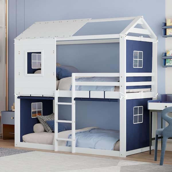 Harper & Bright Designs Blue Twin Over Twin Wood Frame House Bunk Bed with Ladder, Tent and Roof Design