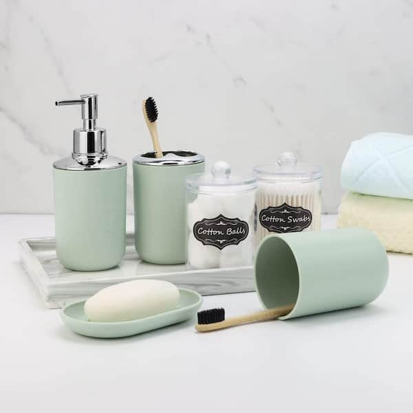Suanti Bathroom Accessory Sets,5 Pieces Resin Sage Green Bathroom Decor Sets with Lotion Dispenser, Soap Dish, Tumbler, Toothbrush Holder, Q Tip