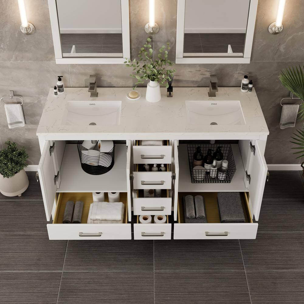 London Double Sink White Bathroom Vanity with Carrara Quartz Countertop