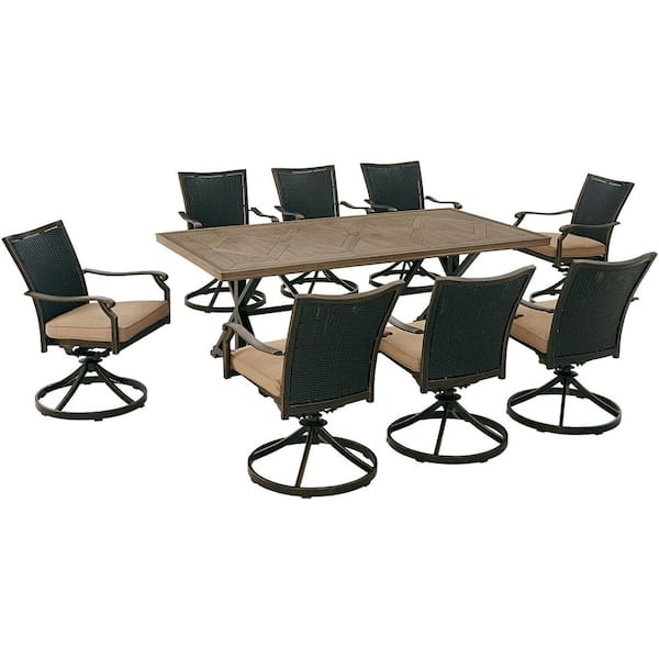 Hanover Traditions 9-Piece Aluminum Outdoor Dining Set with Tan Cushions, 8 Swivel Rockers and 42 in. x 80 in. Tile Top Table