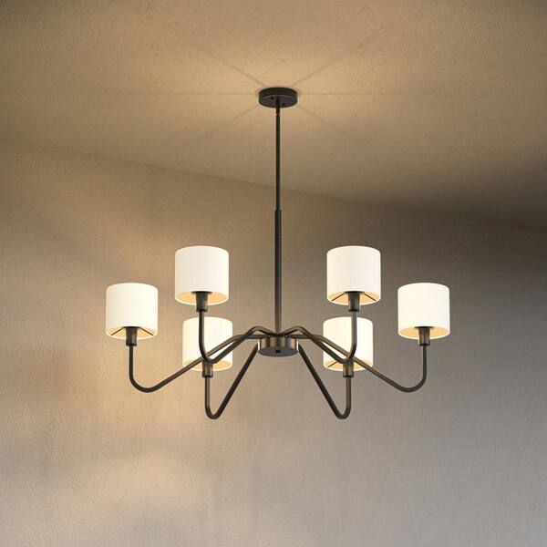 Emeritpro 6 Light Matte Black Chandelier w/ Linen Shades and E12