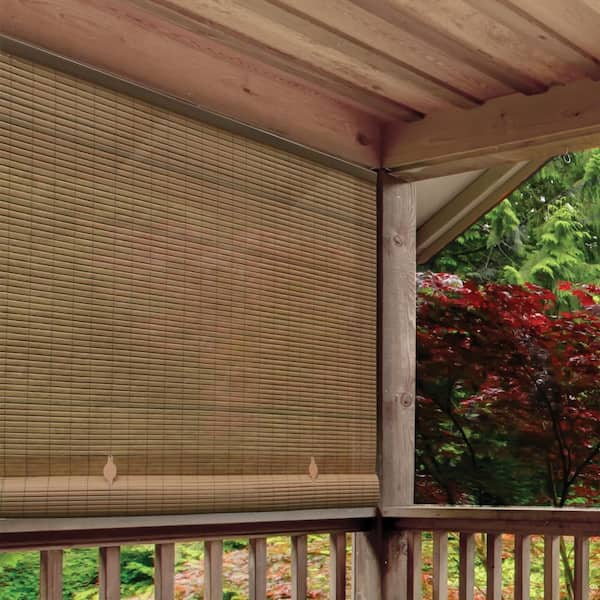 Radiance Tan Woodgrain Cordless Light Filtering UV Protection PVC Manual Roll-Up Sun Shade 48 in. W x 72 in. L