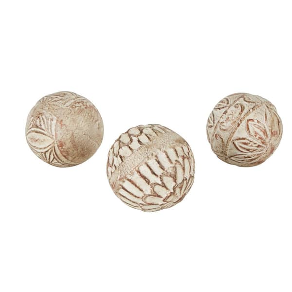 Litton Lane Beige Handmade Paper Mache Intricately Carved Decorative Ball Orbs and Vase Filler with Various Floral Patterns (3-Pack)