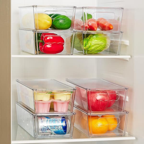 4 Piece Clear Stackable Plastic Storage Bins with Lids and Handles for Fridge, Pantry, Cabinet, Kitchen Set