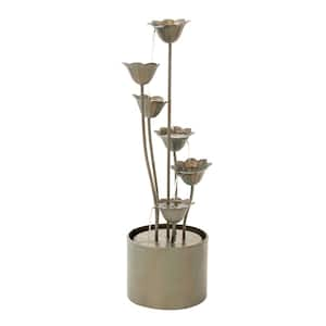 Metal Sculptural Multi-Tiered Flower Water Fountain, Silver, 35 in. Tall