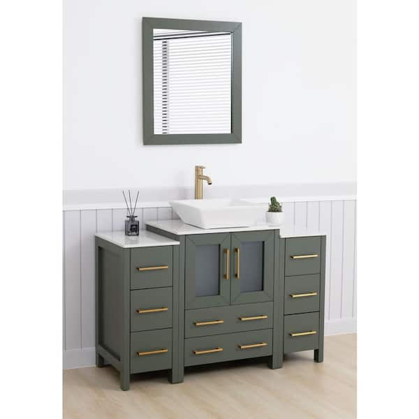 48 in. W Single Basin Vintage Green Bath Vanity with White Engineered Marble Top and Mirror