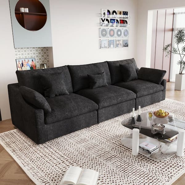 Modular Large 119 in. Flared Arm Plush Linen 3-Seat Cloud Couch Convertible Sectional Sofa in Black with Washable Cover