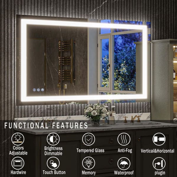 30 in. W x 55 in. H LED Light Anti-Fog Rectangular Frameless Wall Bathroom Vanity Mirror White