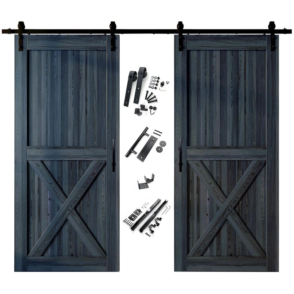 48 in. x 84 in. X-Frame Navy Double Pine Wood Interior Sliding Barn Door with Hardware Kit, Non-Bypass price history on PriceWatchPro