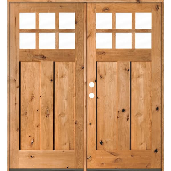 Krosswood Doors 72 in. x 80 in. Craftsman Knotty Alder 6-Lite Clear Glass clear stain Wood Right Active Double Prehung Front Door