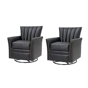 Adela Black Genuine Leather Swivel Rocking Chair with Nailhead Trims and Metal Base (Set of 2)