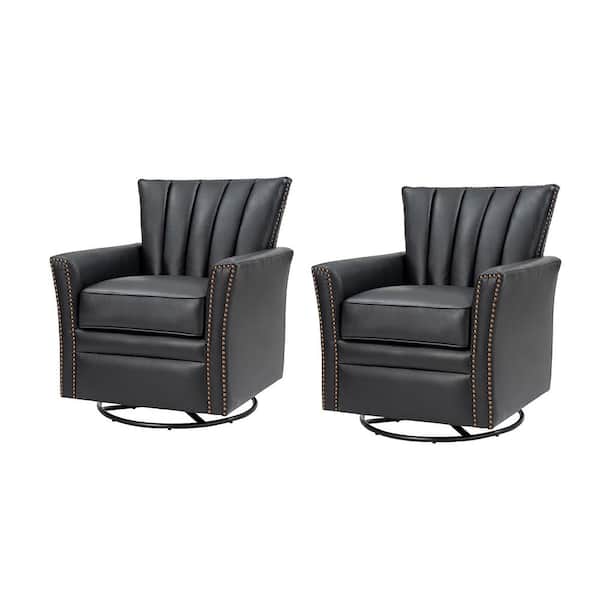 JAYDEN CREATION Adela Black Genuine Leather Swivel Rocking Chair with Nailhead Trims and Metal Base (Set of 2)