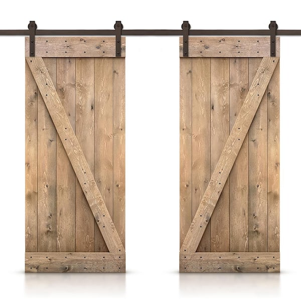 CALHOME Z 92 in. x 84 in. Bar Series Light Brown Stained DIY Solid Pine Wood Interior Double Sliding Barn Door with Hardware Kit