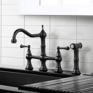 Elegant Double Handle Bridge Kitchen Faucet with Side Sprayer in Oil Rubbed Bronze