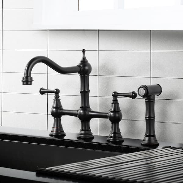Brass 8 in. Double Handle Bridge Kitchen Faucet with Brass Valve, Side Sprayer and Supply Lines in Oil Rubbed Bronze