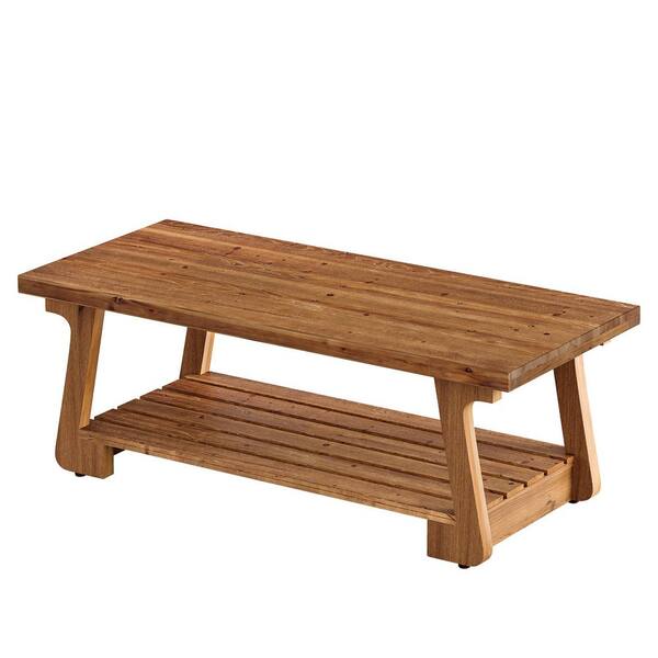 55 in. Brown Rectangle Solid Wood Coffee Table w/ Lower Slatted Storage Shelf, Wide Tapered Leg Living Room Accent Table