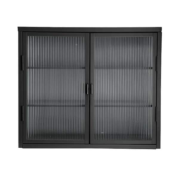 Bnuina 27.6 in. W x 9.1 in. D x 23.6 in. H Bathroom Storage Wall Cabinet in Black with Haze Glass Door and 2 Shelves