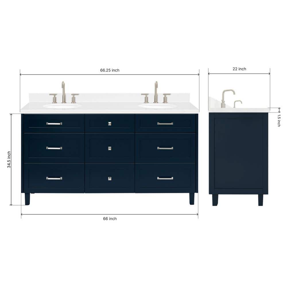 Monroe 66" Midnight Blue Double Sink Vanity with Carrara White Quartz Top