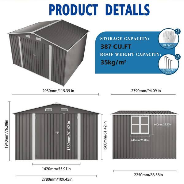 10 ft.W x 8 ft.D Outdoor Metal Storage Shed, Lockable Door Tool
