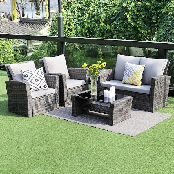 Sunvivi 4 Piece Pe Rattan Wicker Outdoor Patio Furniture Set In Grey Kx N12gr - Outdoor Garden Furniture Clearance
