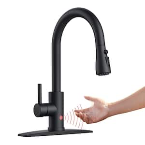 Touchless Single Handle Pull-Down Sprayer Kitchen Faucet with Deckplate and Flexible hose in Matte Black