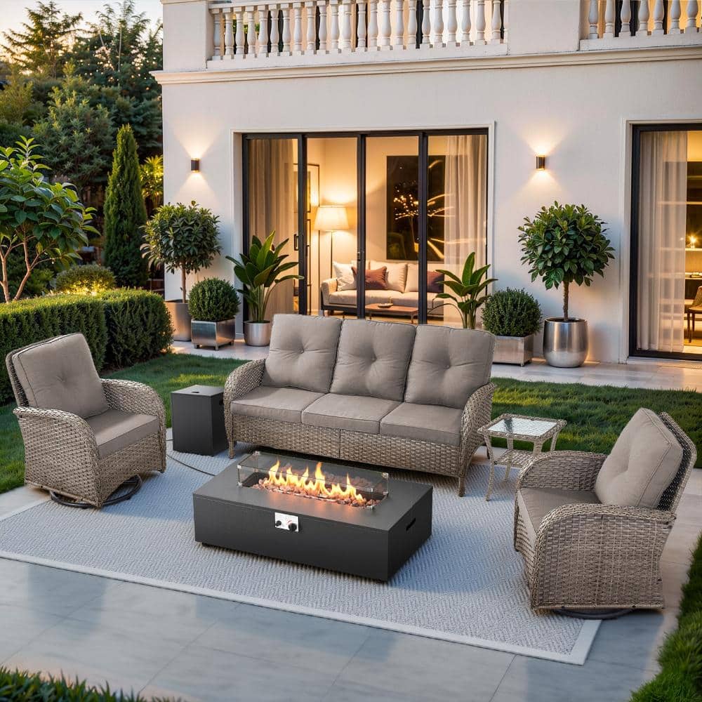 Rotavia Gray Wicker 6-Piece Outdoor Fire Pit Table Patio Conversatoin Set with Swivel Glider and Gray Cushions price history on PriceWatchPro