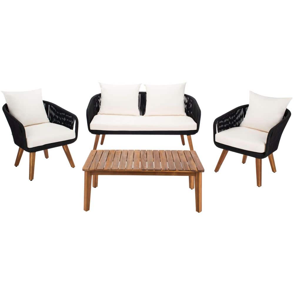 Prester Black 4-Piece Wood Patio Conversation Set with Beige Cushions price history on PriceWatchPro