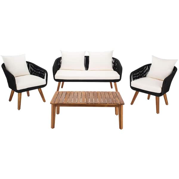 Prester Black 4-Piece Wood Patio Conversation Set with Beige Cushions
