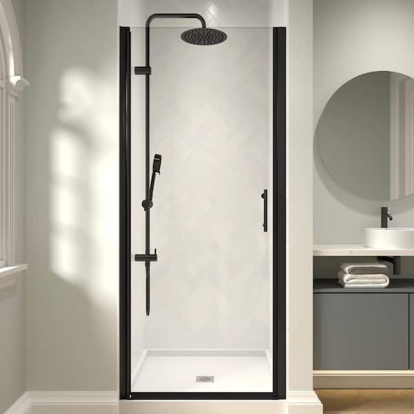 Modern 28 to 29-3/8 in. W x 72 in. H Pivot Frameless Shower Door in Matte Black Finish with 1/4 in. (6mm) Clear Glass