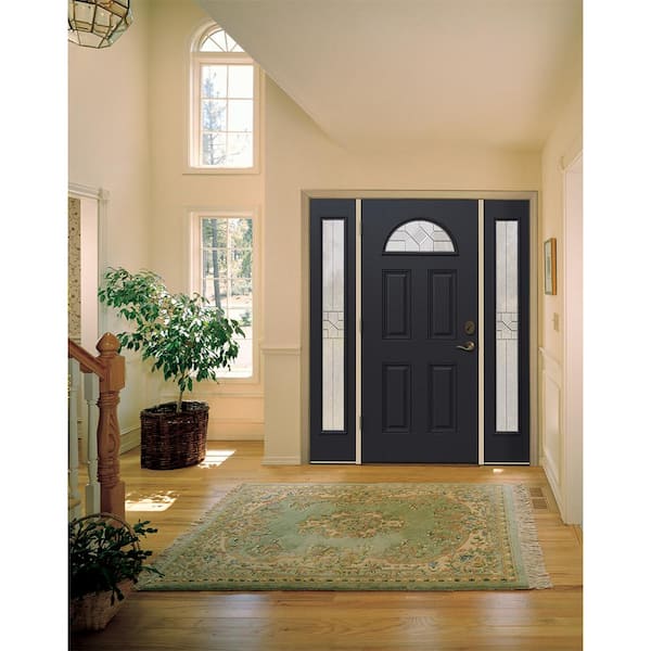 60 in. x 80 in. Right-Hand Fan Lite Decorative Glass Caldwell Black Fiberglass Prehung Front Door W/Sidelites