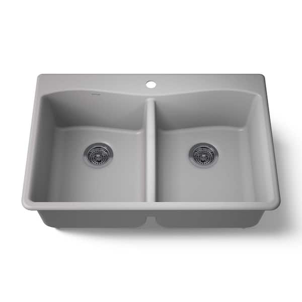 KOHLER Kennon Neoroc Matte Grey Granite Composite 33 in. 1-Hole Double Bowl Drop-In Kitchen Sink