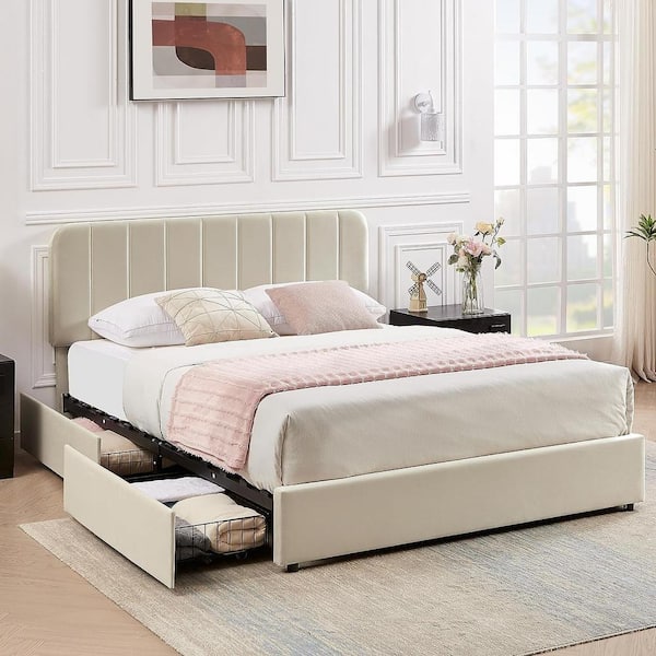 VECELO Upholstered Bed Beige Metal Frame Full Size Platform Bed With 4 ...