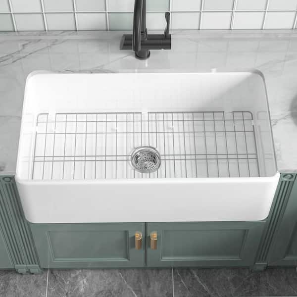 33 in. Farmhouse Sink Fireclay Kitchen Sink Single Bowl White Fireclay Sink with Bottom Grid and Drain Barn Kitchen Sink