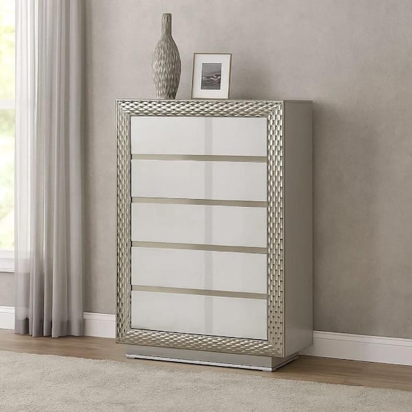 silver tall dresser Eleena Tall Dresser Chest, 5 Drawers, Silver Solid Wood, Chrome Metal -  Overstock