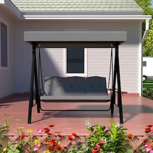 3-Seat Converting Canopy Patio Swing Steel Lounge Chair with Cushions, Dark Grey