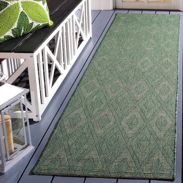 Courtyard Dark Green/Beige 2 ft. x 8 ft. Runner Diamond Ikat Indoor/Outdoor Area Rug