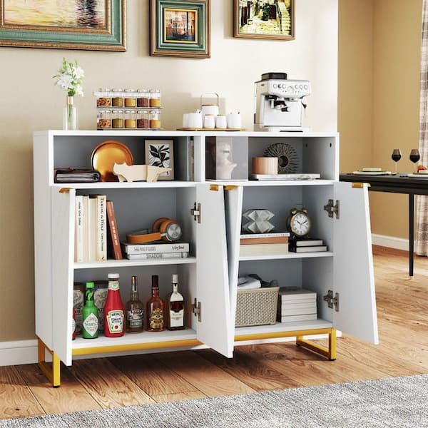 White MDF Modern Buffet with 4 Doors, Adjustable Shelves