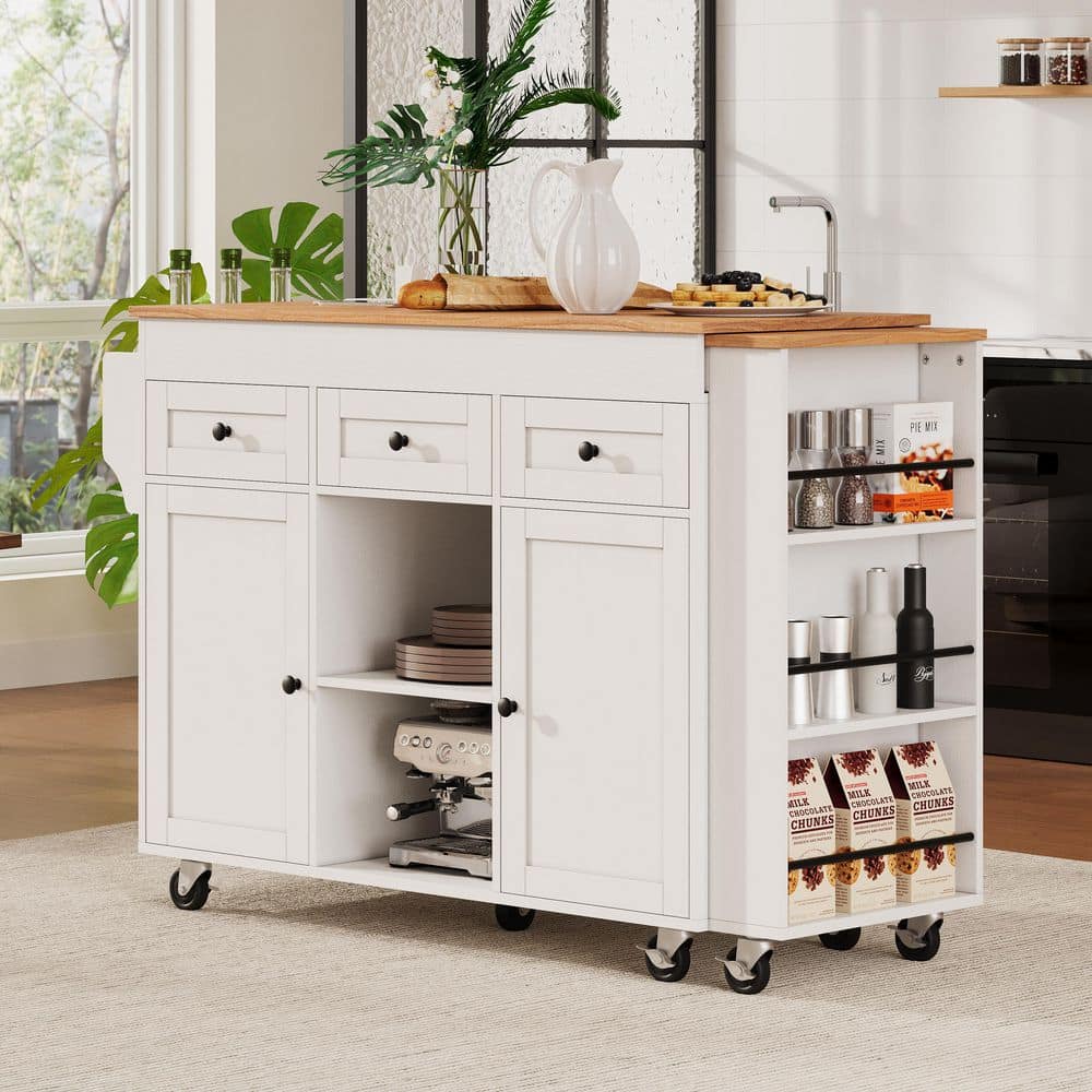 White Wood 85.5 in. Rolling Kitchen Island with Extendable Dining Table, Power Outlet, 3 Drawers, 2 Doors