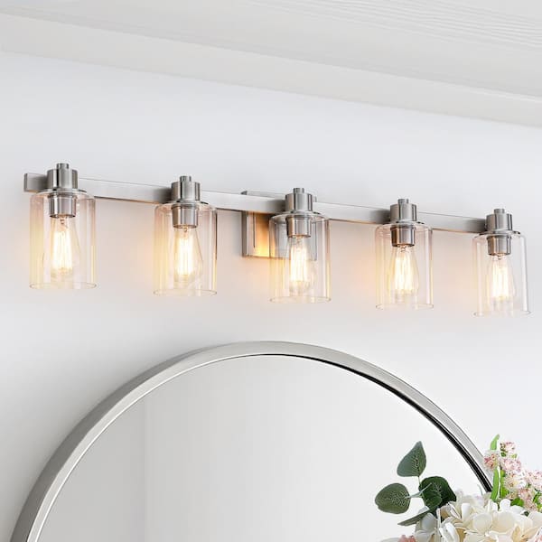 pasentel 40.5 in. 5-Light Brushed Nickel Bathroom Vanity Light with Clear Glass Shades