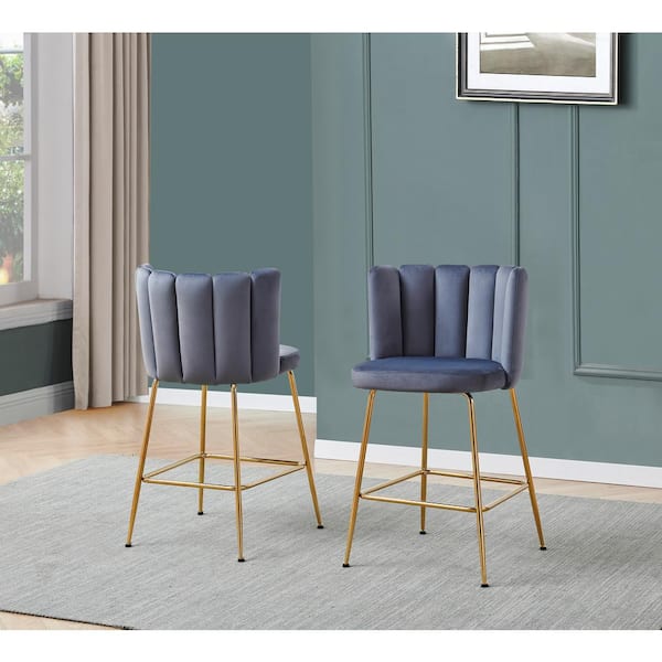 Best Master Furniture Elegante 26 in. H Gray Velvet Metal Counter Height Bar Stools (Set of 2)